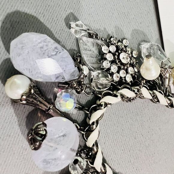 Art Glass Dangle Charm Bracelet Faux Pearl Leather Lilac Rhinestone Dangle - Picture 11 of 12